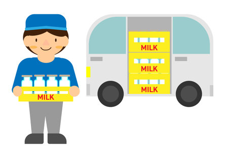 a person who delivers milk and a car loaded with milkのイラスト素材