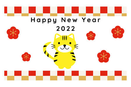 2022 New Year's card vertical writing of tiger and plum patternのイラスト素材