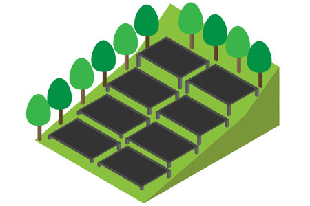 Image of an isometric mountain cut open and solar panels installedのイラスト素材