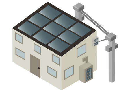 Homes with isometric home storage batteries, solar panels and smart meters with poles and wiresのイラスト素材