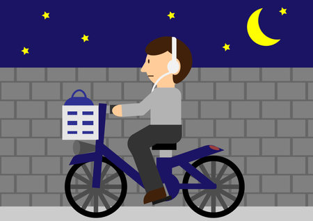 People riding bicycles while listening to music with headphones without lights at nightのイラスト素材