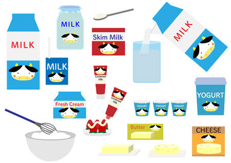 Various dairy products with cute cow illustrationsのイラスト素材