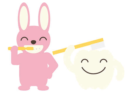 Illustration of a rabbit and tooth character brushing teeth with a smileのイラスト素材