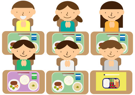 Scenes of school lunches enjoying meals in various forms such as elimination meals and boxed lunchesのイラスト素材