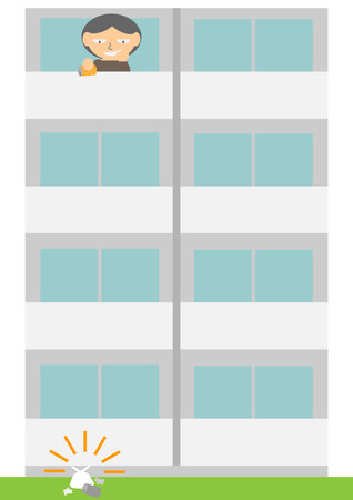 Illustration of a resident throwing garbage from the verandaのイラスト素材