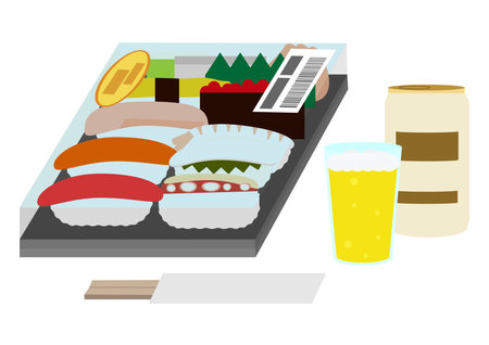 Illustration of canned beer and packed sushiのイラスト素材
