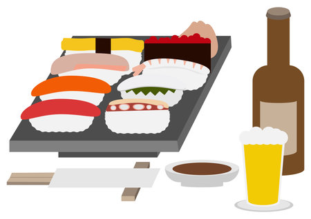 Illustration of sushi and bottled beerのイラスト素材