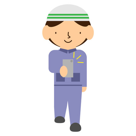 Image illustration of a person in work clothes walking while looking at a smartphoneのイラスト素材