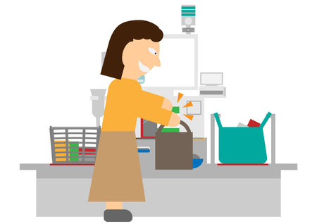 Image illustration of a woman shoplifting in a bag without scanning at the self-checkoutのイラスト素材