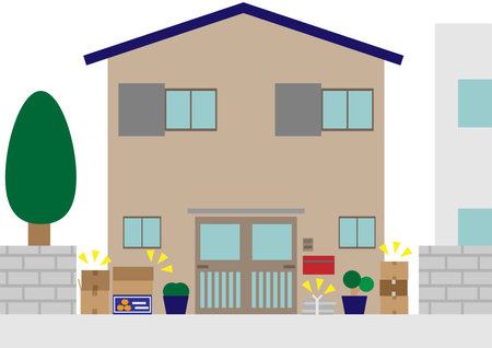 Image material of a house where flammable cardboard boxes are placed outside the houseのイラスト素材