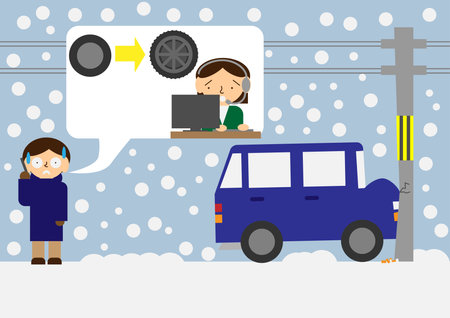 Image material of contacting the operator of an insurance company about a traffic accident on a snowy road and being asked about normal tiresのイラスト素材