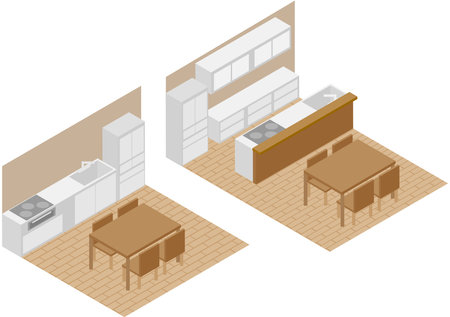 Isometric face-to-face kitchen remodeling image materialのイラスト素材