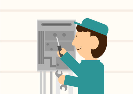 Image material of a person repairing a water heaterのイラスト素材