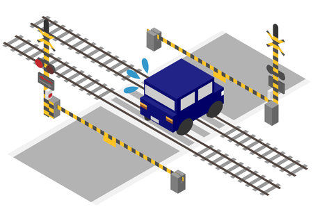Isometric image of a car stuck at a railroad crossingのイラスト素材
