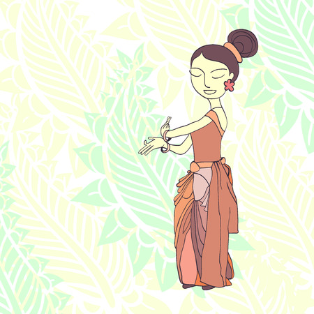 thai woman dancer on the background with floral ornamentのイラスト素材