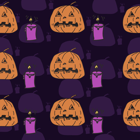 Pumpkin candle on a purple background with silhouettesのイラスト素材