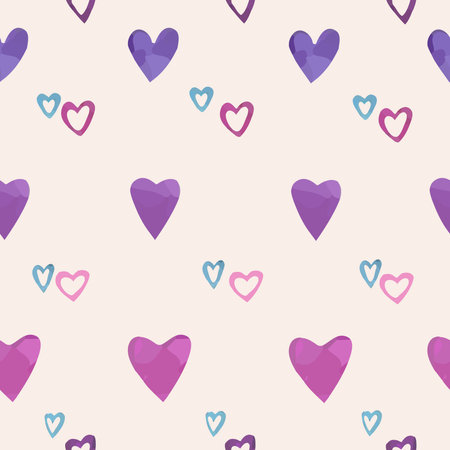 Pattern of purple, pink, blue hearts on a beige background