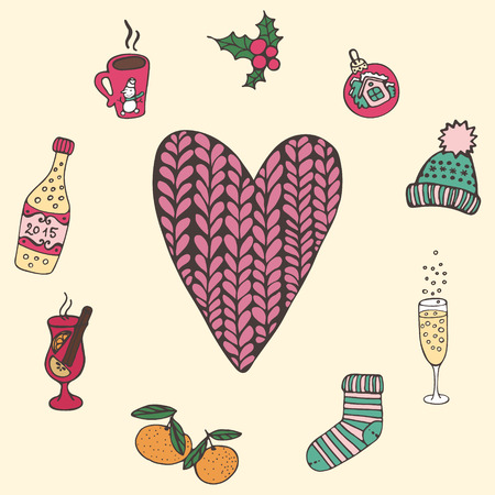 Card with heart in the middle and Christmas trappingsのイラスト素材