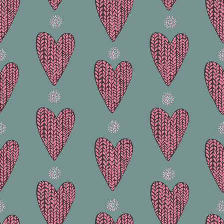 Pattern of pink woolen hearts and snowflakes