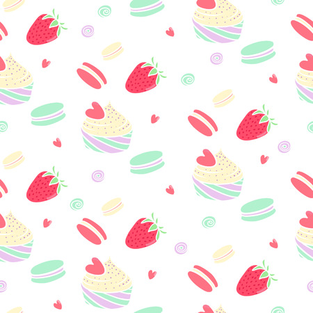 Cute pattern with cupcakes, macaroons, strawberries and heartsのイラスト素材