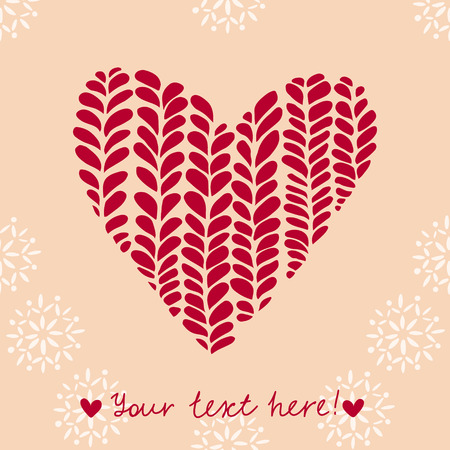 Red knitted heart on a beige background with snowflakesのイラスト素材