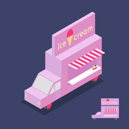 Pink ice cream truck with a banner. Drawn isometric and flat.のイラスト素材