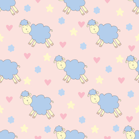 pattern with cute sheep and flowers, hearts, starsのイラスト素材