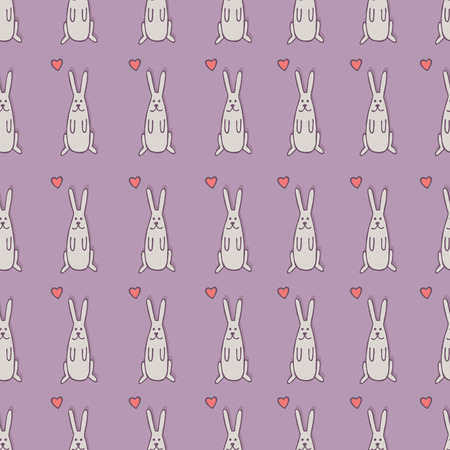 Pattern of gray rabbits on a lilac background with  heartのイラスト素材