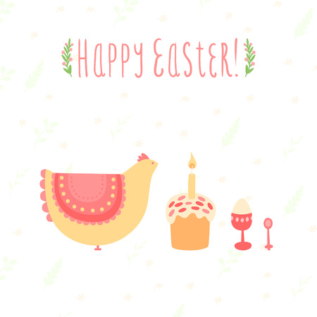 Cute card for Easter with chicken, cakes and eggsのイラスト素材