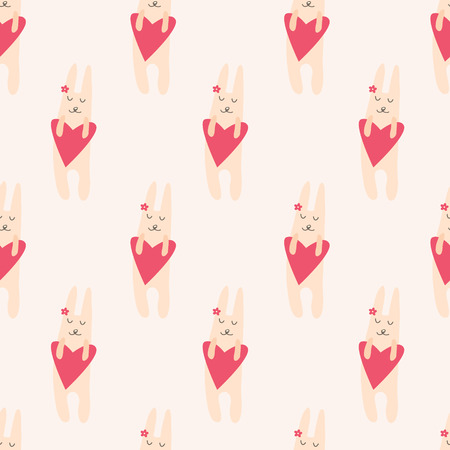 Seamless pattern with cute rabbit with heart in his hands on a pink backgroundのイラスト素材