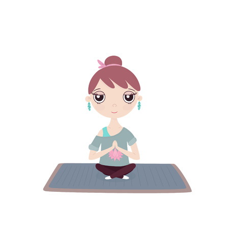 Young girl in a yoga pose on a mat  in a blue t-shirt with a picture of lotus in leggingsのイラスト素材
