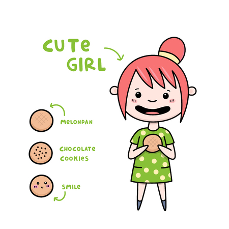 Pretty young girl in a dress eat Japanese food 'melonpan". The set includes more cookies and chocolate chip cookies with a smile and text. Vector illustration.のイラスト素材