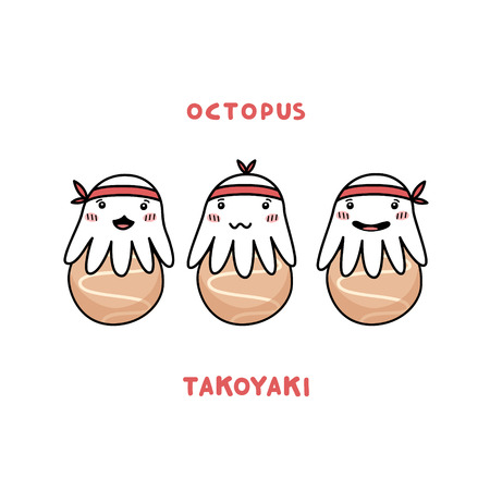Japanese food "Takoyaki" and cartoon octopus with different smiles. Vector illustration isolated on white background.のイラスト素材