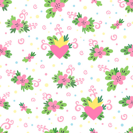Cute spring pattern with flowers, leaves, swirls, hearts and a crown on a white backgroundのイラスト素材
