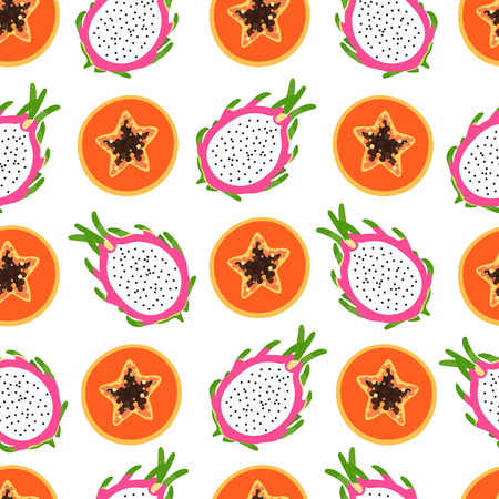 Bright tropical pattern with papaya and dragon fruit, half of a sectional with seeds on a white background.のイラスト素材