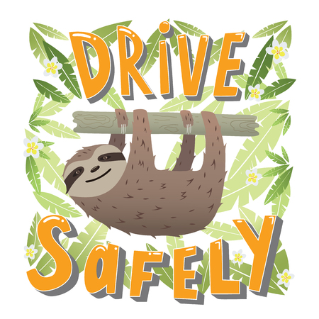 Drive safely - unique hand drawn lettering. Great design for poster. Sloth hanging on a branch in the leaves of trees.のイラスト素材