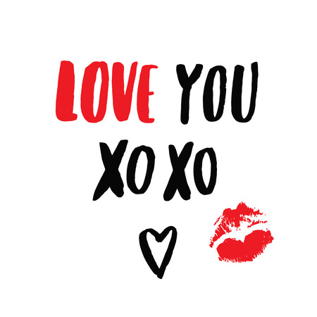 Vector hand-drawn card with elements: inscription "love you", kiss ( imprint of lipstick), black heart. It can be used for invitation cards, brochures, poster, t-shirts, mugs, wrapping paper etc.のイラスト素材