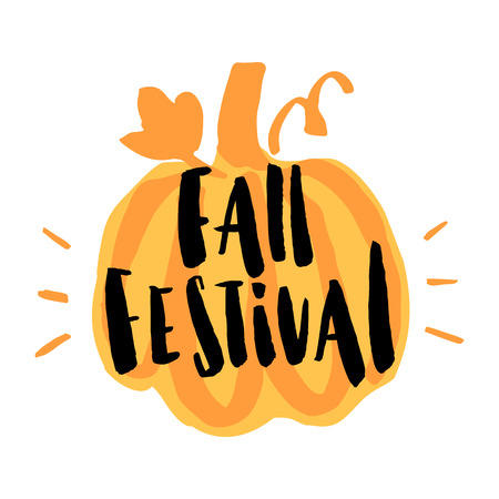 Inscription "Fall Festival" with stylized pumpkin. The inscription  hand-drawing of black ink. Vector Image. It can be used for a site, article, invitation cards, brochures, poster, t-shirts, mugs etc.のイラスト素材