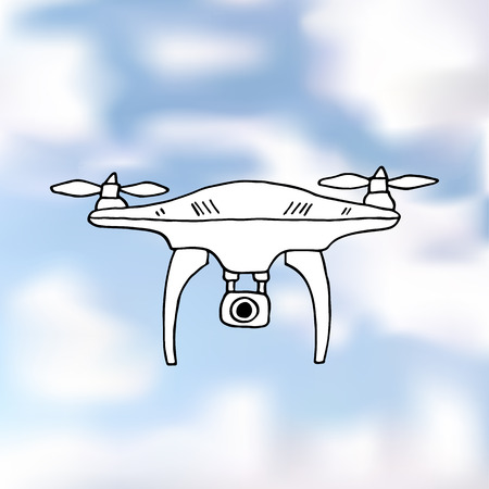 Drone quadrocopter on a realistic blue sky. Vector Image.のイラスト素材