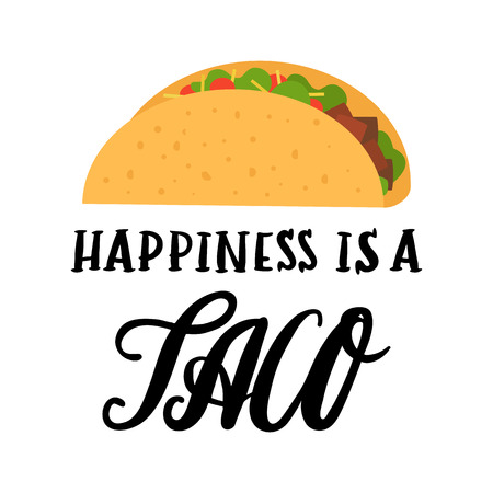The hand-drawing inscription: "Happiness is a taco", of black ink on a white background, with image flat taco.のイラスト素材