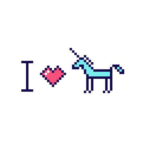 I love unicorn. Quote of abstract unicorn and heart image in the eight bit style on a white background. Vector Image. It can be used for website design, article, phone case, poster, t-shirt, mug etc.のイラスト素材