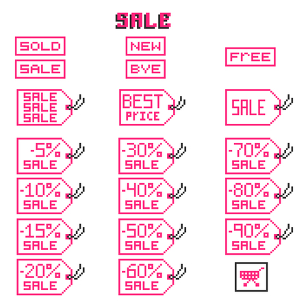 Sale tags set in pixel art style, on a white background. Vector illustration.  Can be used for design brochures, online store, catalogs, and other promotional materialsのイラスト素材