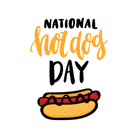 The hand-drawing inscription: "National hot dog day!" in a trendy calligraphic style, with image hot dog.のイラスト素材