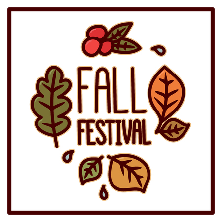 Autumn card with Inscription "Fall Festival". Leaves and berries on a white background. It can be used for a site, article, invitation cards, brochures, poster, t-shirts, mugs etc.のイラスト素材