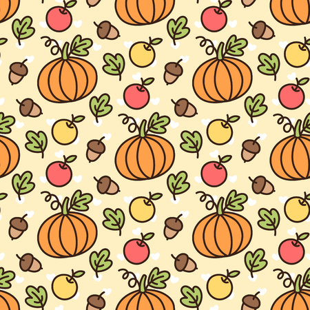 Cute pattern with orange pumpkin, yellow apple, red apple, green  leaf, nut, oak, acorn. For the season of harvest or Thanksgiving or Halloween. Vector illustration.のイラスト素材