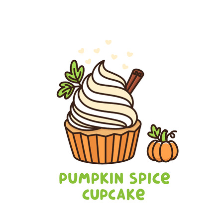 Pumpkin spice cupcake with whipped cream and small pumpkin, American Thanksgiving Day dessert. It can be used for card, mug, poster, t-shirts, phone case etc.のイラスト素材