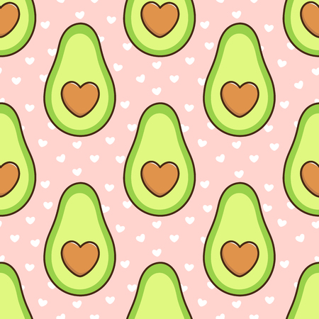 Seamless pattern with avocado, with a bone in the form of a heart, on a pink background with white hearts.  It can be used for packaging, wrapping paper, textile and etc. Excellent print for children's clothes, bed linens, etc.のイラスト素材