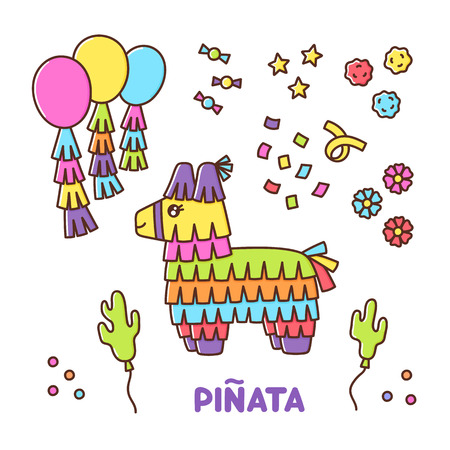 Mexican set with Pinata donkey - paper toy, and other decorations for a holiday, on a white background. It can be used for sticker, patch, phone case, poster, t-shirt, mug and other design.のイラスト素材