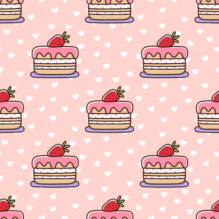 Seamless pattern with strawberry cake, on a pink background with white hearts. It can be used for packaging, wrapping paper, textile and etc. Excellent print for children's clothes, bed linens, etc.のイラスト素材