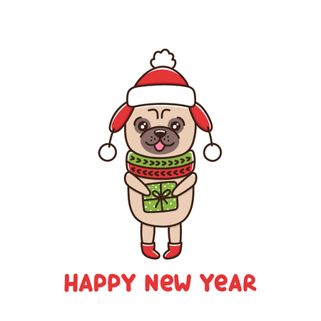 Ð¡ute dog breed pug in hat and scarf, is holding a gift. It can be used for sticker, patch, phone case, poster, t-shirt, mug and other design.のイラスト素材